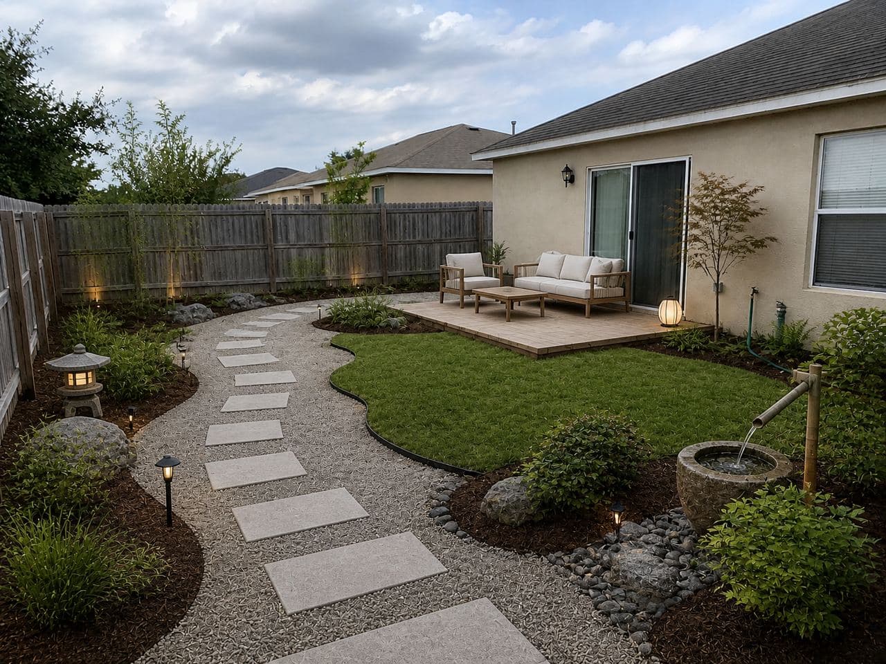 A small backyard with a curved gravel path, square stepping slabs, a wood deck by the sliding door and a stone lantern