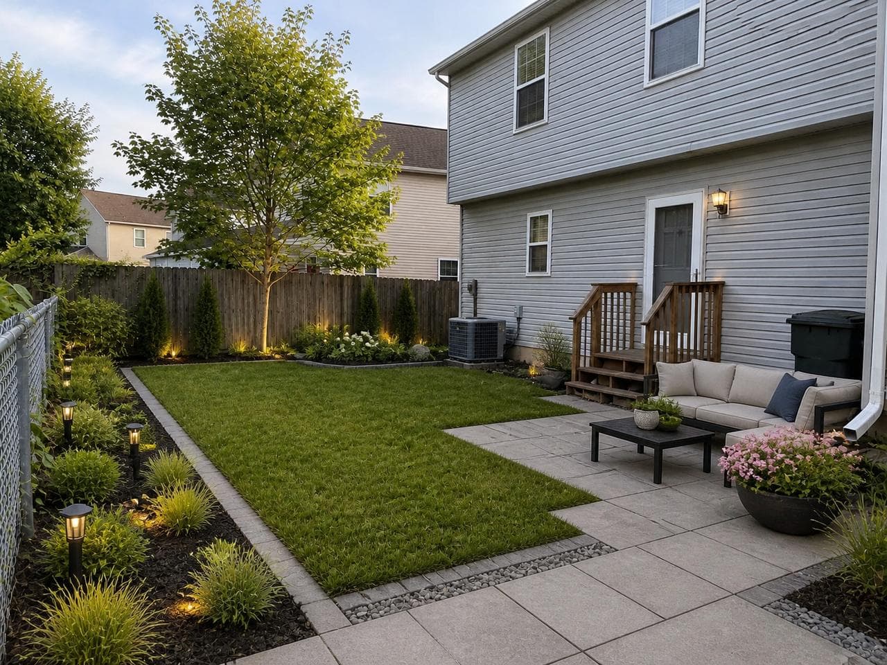 The same backyard redesigned by Roomvana in a modern style, with a paved patio, outdoor sofa, straight-edged lawn and path lights