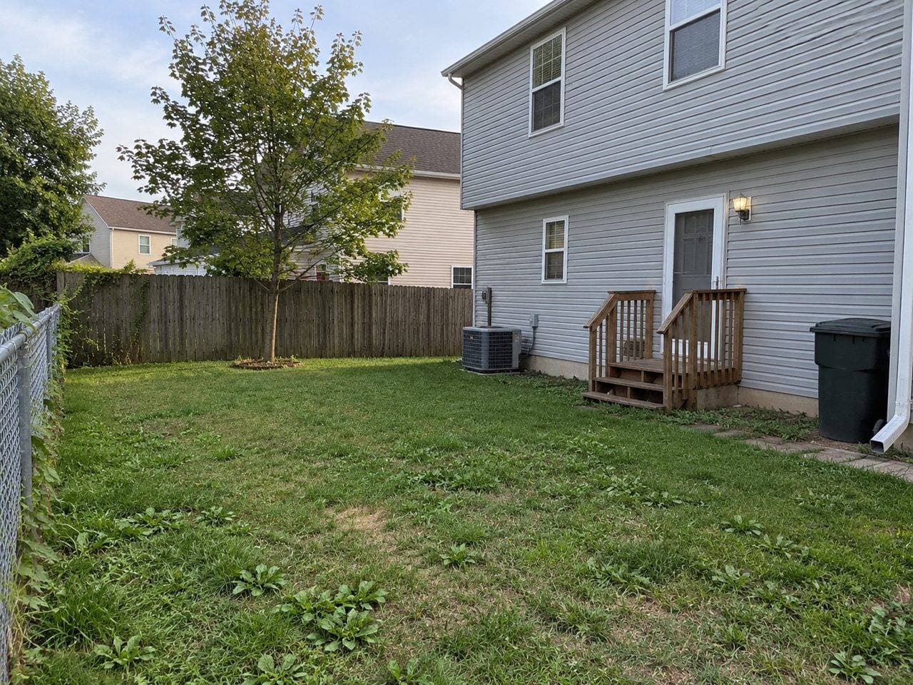 A plain backyard with a weedy lawn, a gray two-story house, a chain-link fence and a wood fence