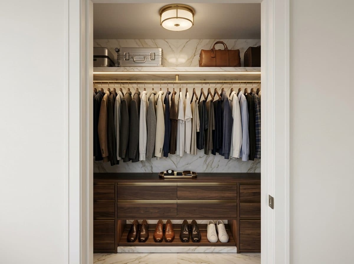 The same closet redesigned by Roomvana as a modern-luxury walk-in