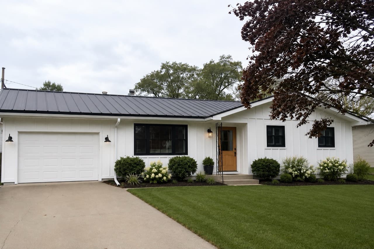 A home exterior reimagined by Roomvana as a modern farmhouse