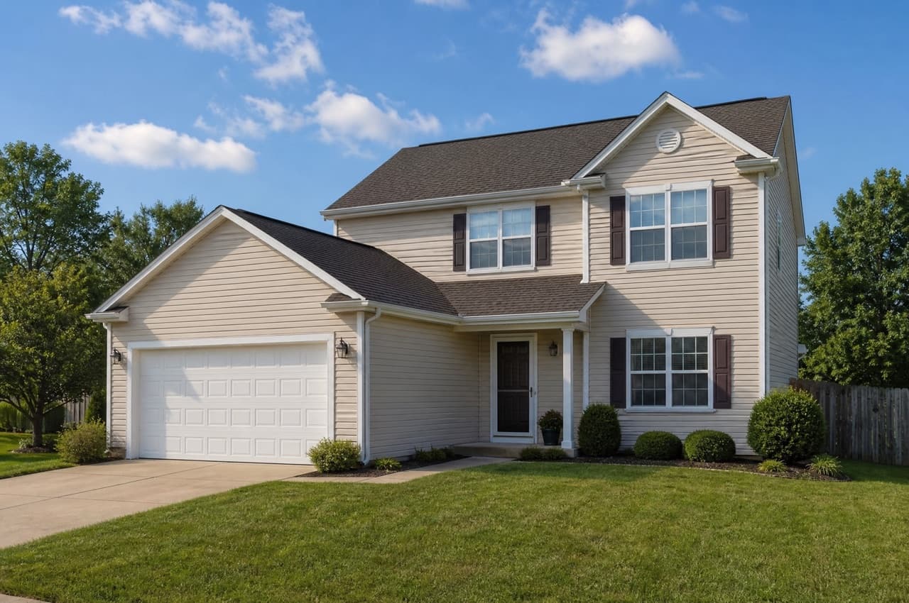A two-story house with beige siding and a brown asphalt-shingle roof