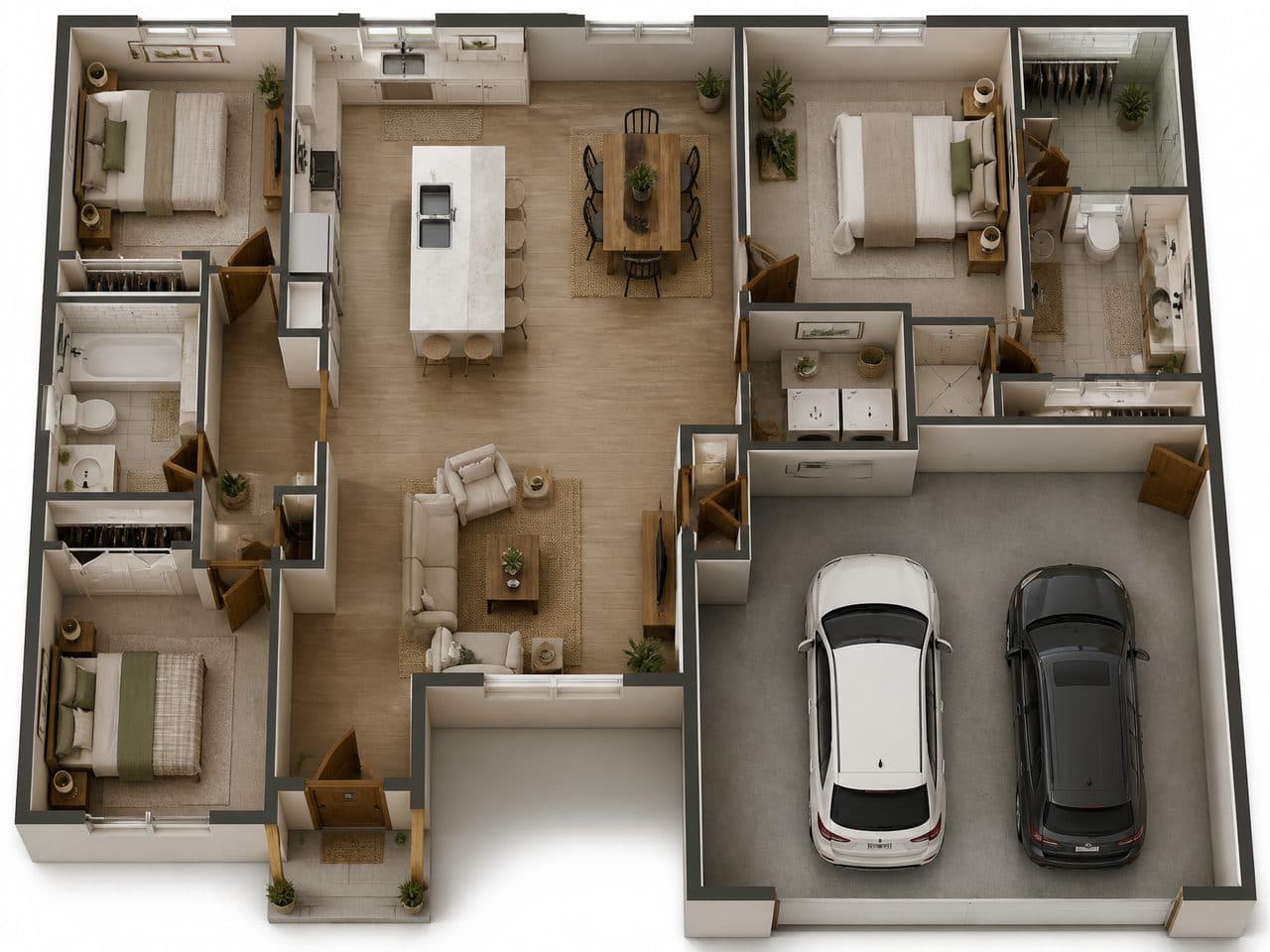 The same floor plan rendered in 3D by AI, every room furnished in a modern farmhouse style