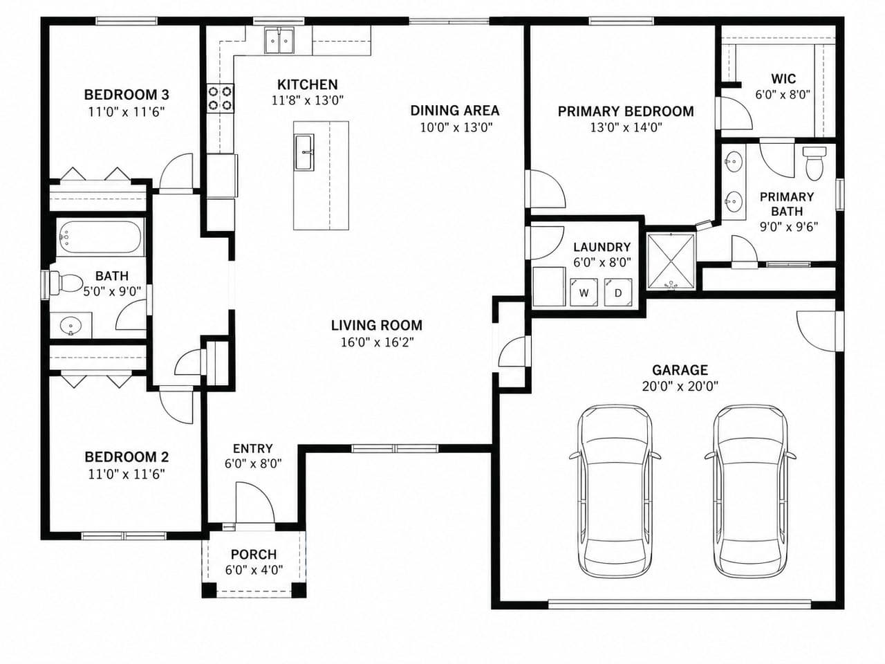 A 2D floor plan of a three-bedroom, two-bath house with an attached two-car garage