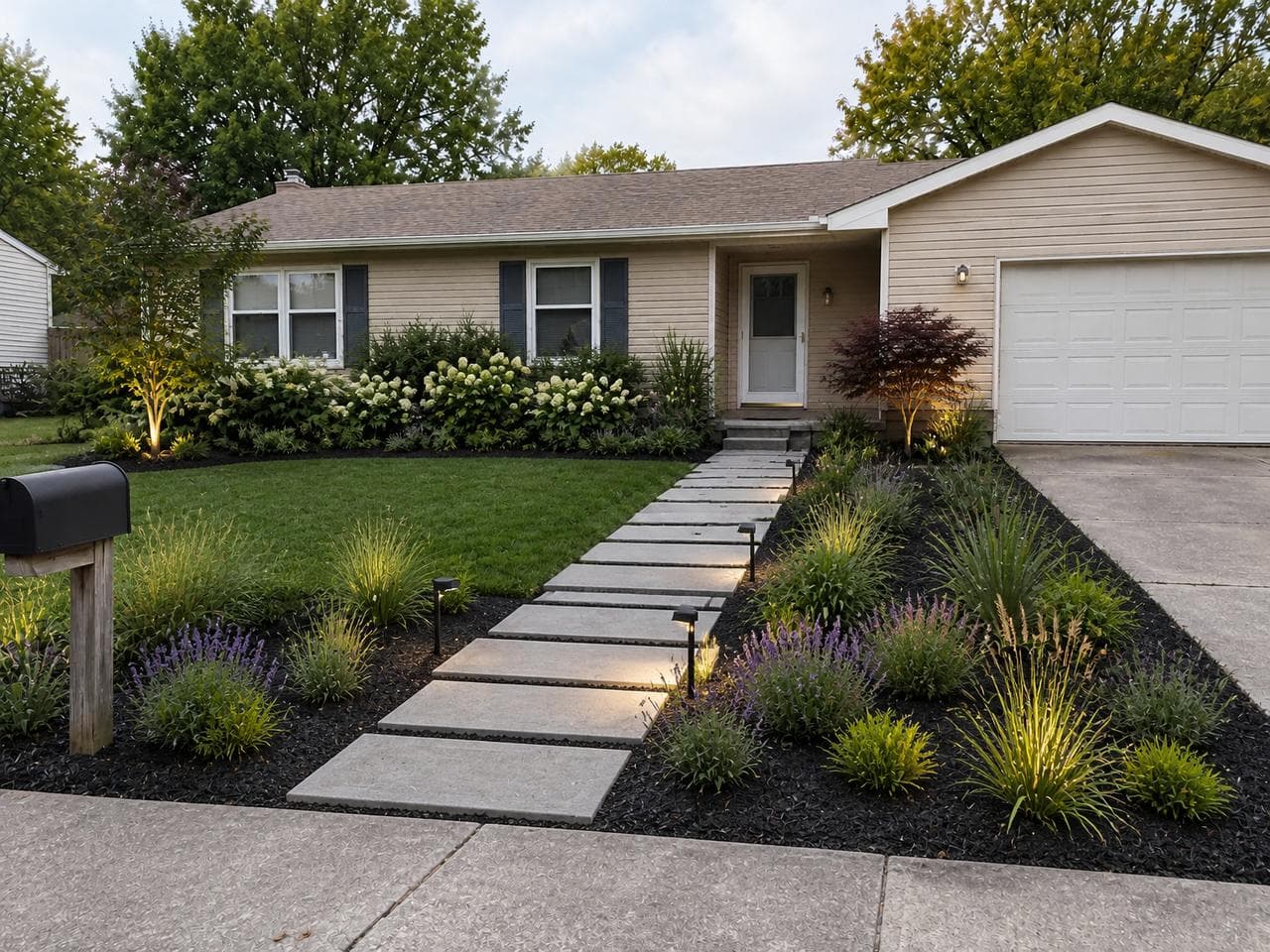 A ranch house front yard with large concrete pavers set in dark beds, lavender, ornamental grasses, a red Japanese maple and low path lights, redesigned by Roomvana