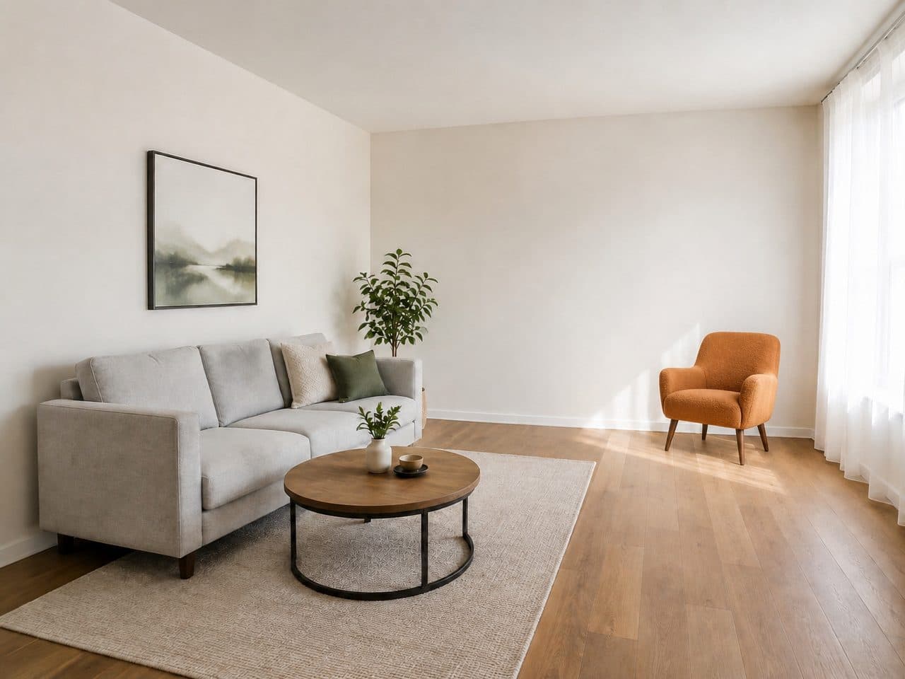 The same living room with an orange armchair placed in the corner by AI, everything else unchanged