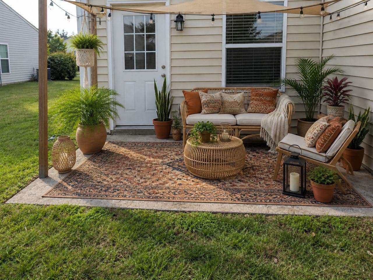 The same patio in a bohemian style with a rattan sofa, round rattan coffee table, patterned rug, terracotta pots, hanging plants and a shade sail overhead