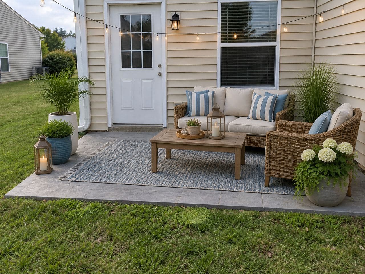 The same patio in a coastal style with a wicker sofa and armchair, blue and white striped pillows, a blue woven rug, a teak coffee table and white hydrangeas