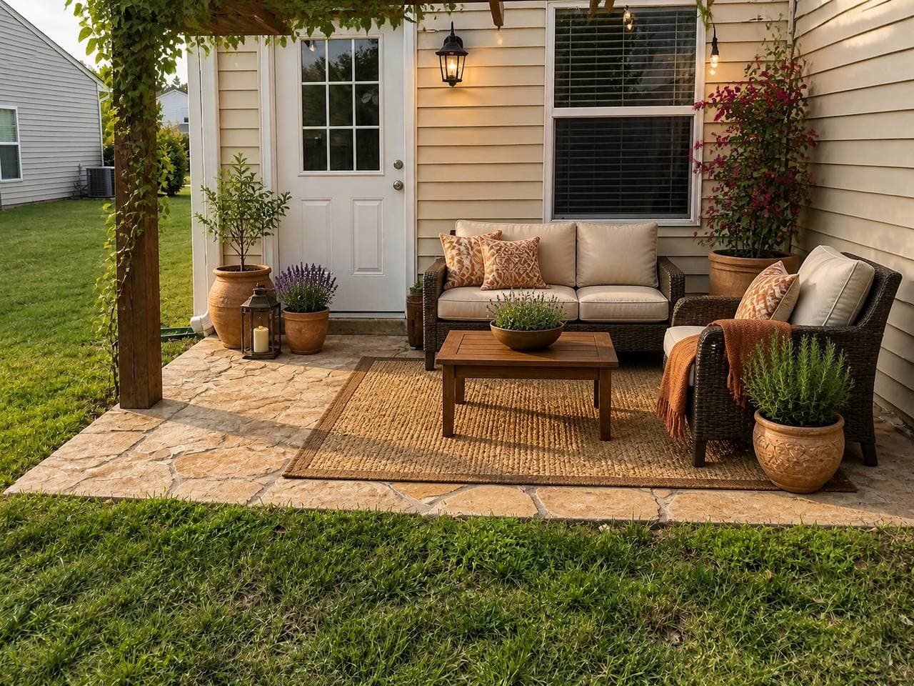 A small back-door patio restyled in a Mediterranean look with warm flagstone, terracotta pots and a vine-covered post