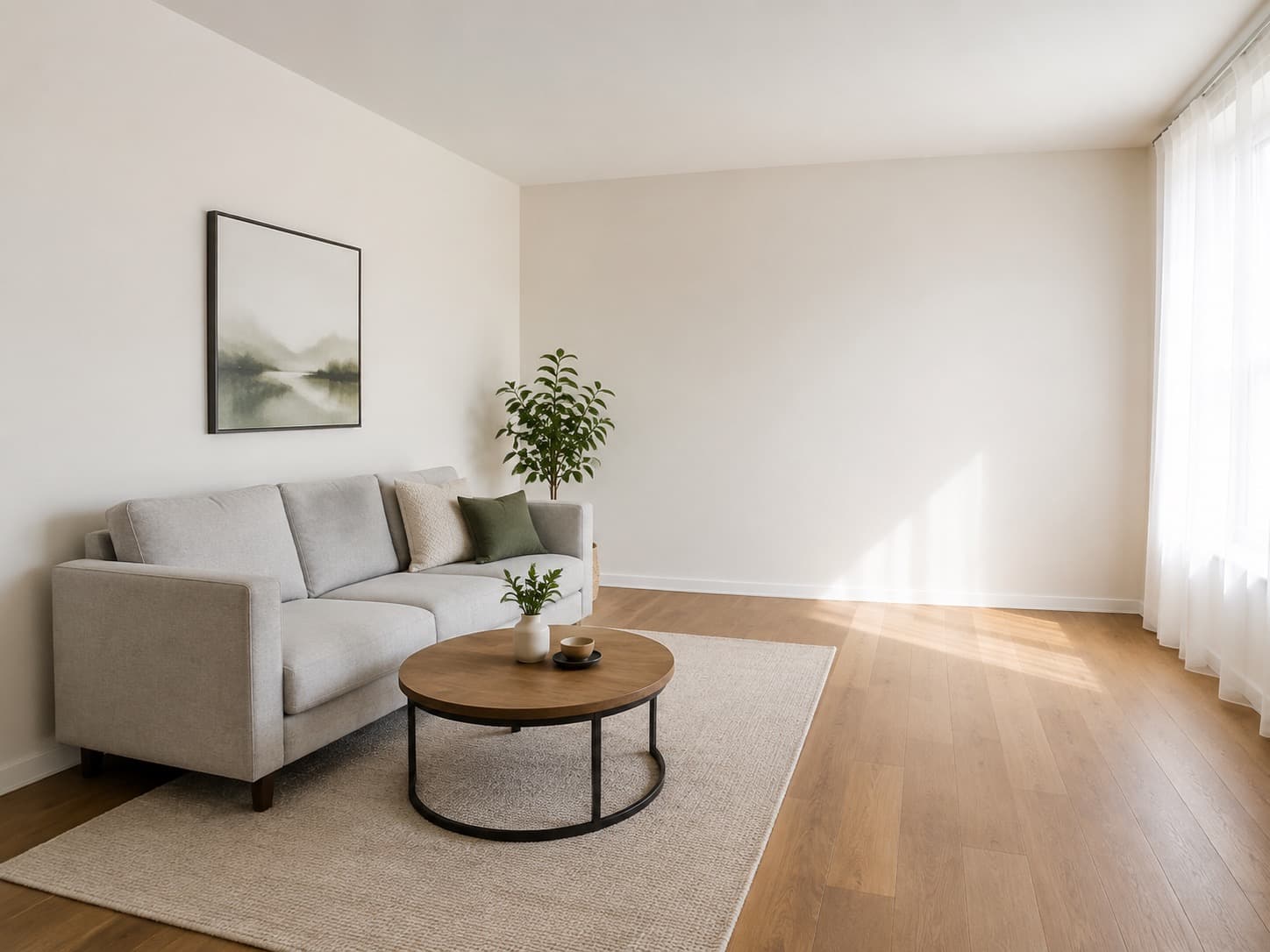 A living room with a gray sofa, a round coffee table and an empty corner by the window