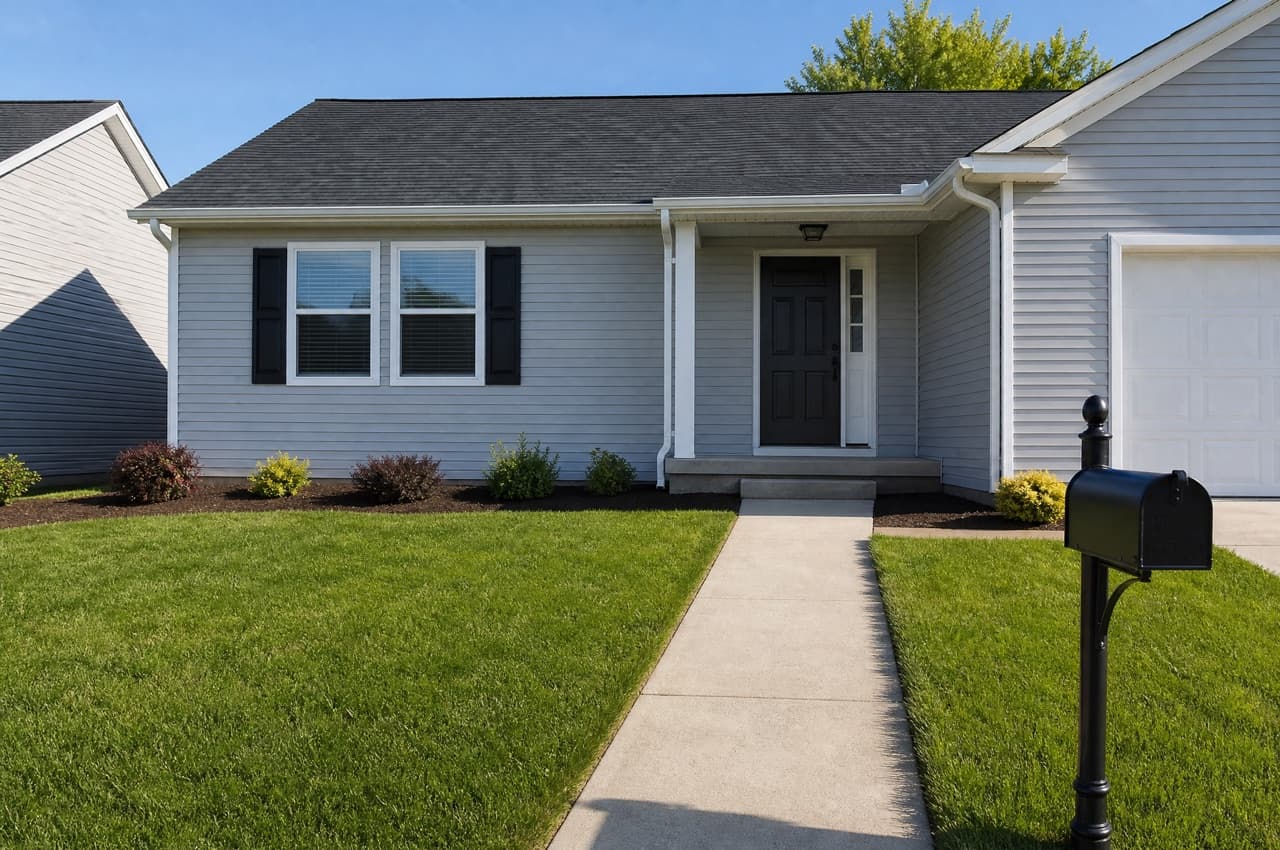 A front yard with a plain lawn and a few small shrubs before AI landscape redesign